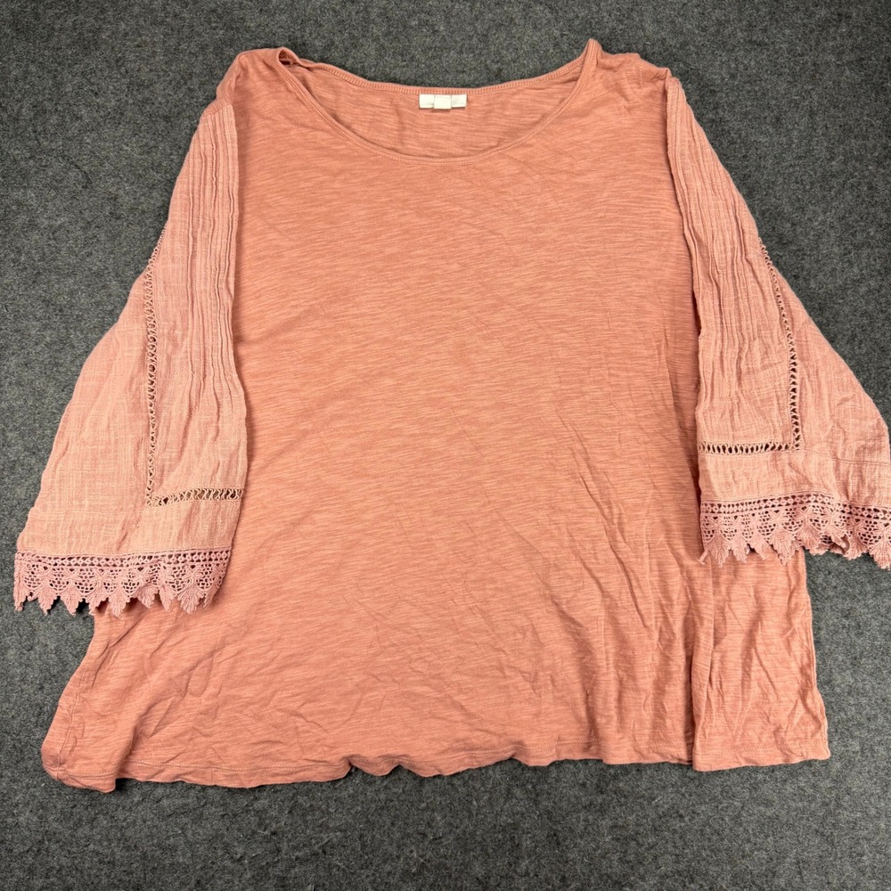 J.Jill Womens 2X Pink Crochet Sleeve Top Blouse Knit Cotton Modal Boho Chic